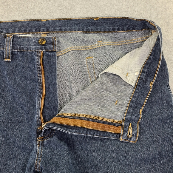 Carhart Men's Blue Denim Jeans Big Relaxed Fit Work Pants 44x32 Leg Hems Clipped - Picture 11 of 16